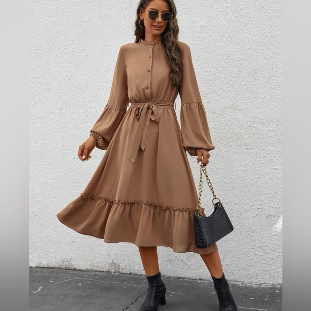 Max Studio Brown Tiered Ruffled Sundress with Bishop Sleeves - Picture 9 of 11